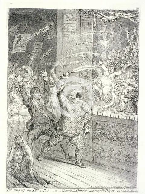 'Blowing up the Pic Nic's; or, Harlequin Quixotte attacking the puppets...', 1802. Artist: James Gillray