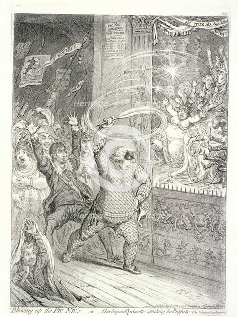 'Blowing up the Pic Nic's; or, Harlequin Quixotte attacking the puppets...', 1802. Artist: James Gillray