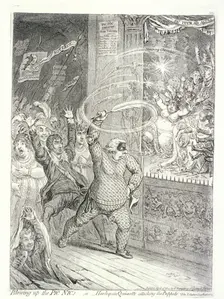 Blowing up the Pic Nic's; or, Harlequin Quixotte attacking the puppets... 1802. Artist: James Gillray