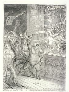 Blowing up the Pic Nic's; or, Harlequin Quixotte attacking the puppets... 1802. Artist: James Gillray