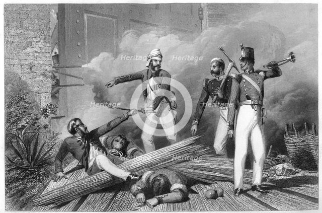 'Blowing up of the Cashmere Gate at Delhi', 1857, (c1860). Artist: Unknown