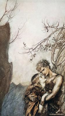 Brunnhilde throws herself into Siegfried's arms 1924. Creator: Arthur Rackham