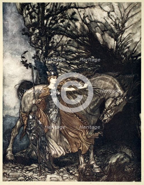 'Brunnhilde with her horse at the mouth of the cave', 1910.  Creator: Arthur Rackham.