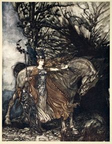 Brunnhilde with her horse at the mouth of the cave 1910. Creator: Arthur Rackham