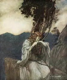 Brunnhilde kisses the ring that Siegfried has left with her 1924. Creator: Arthur Rackham