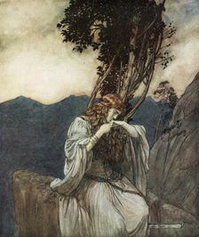 Brunnhilde kisses the ring that Siegfried has left with her 1924. Creator: Arthur Rackham