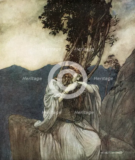 'Brunnhilde kisses the ring that Siegfried has left with her', 1924.  Creator: Arthur Rackham.
