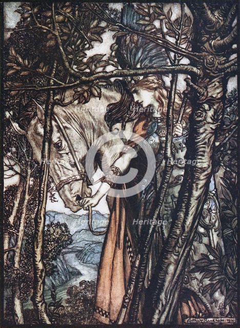 Brünnhilde leads her horse by the bridle. Illustration for The Rhinegold and The Valkyrie by Richa Artist: Rackham, Arthur (1867-1939)