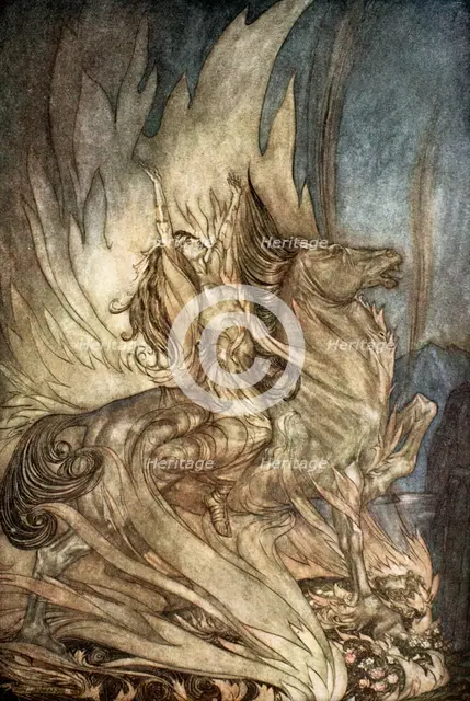 'Brunnhilde on Grane leaps on to the funeral pyre of Siegfried', 1924.  Creator: Arthur Rackham.