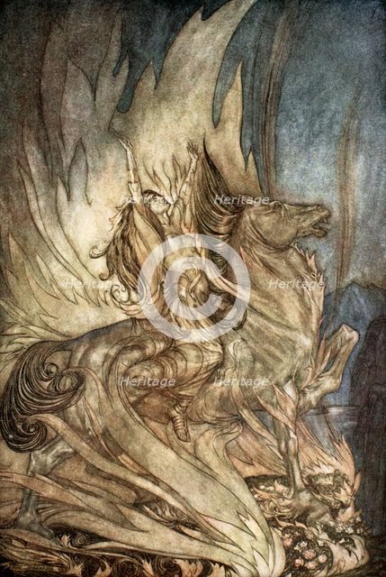 'Brunnhilde on Grane leaps on to the funeral pyre of Siegfried', 1924.  Creator: Arthur Rackham.