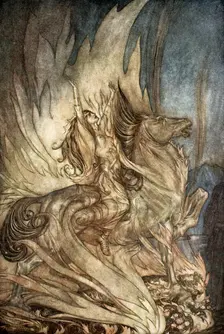 Brunnhilde on Grane leaps on to the funeral pyre of Siegfried 1924. Creator: Arthur Rackham