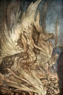 Brunnhilde on Grane leaps on to the funeral pyre of Siegfried 1924. Creator: Arthur Rackham