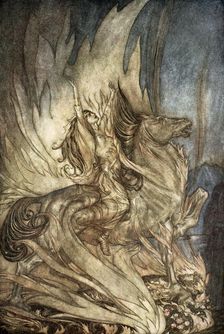 Brunnhilde on Grane leaps on to the funeral pyre of Siegfried 1924. Artist: Arthur Rackham