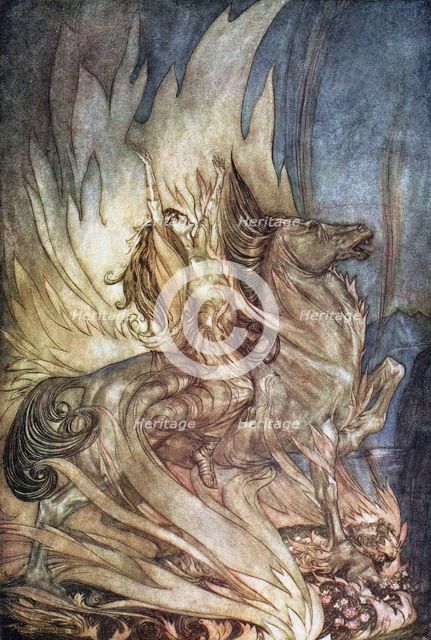 Brünnhilde on Grane leaps onto the funeral pyre of Siegfried. Illustration for Siegfried and The Tw Artist: Rackham, Arthur (1867-1939)