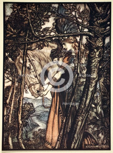 'Brunnhilde slowly and silently leads her horse down the path to the cave', 1910.  Artist: Arthur Rackham