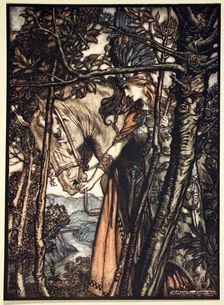 Brunnhilde slowly and silently leads her horse down the path to the cave 1910. Artist: Arthur Rackham