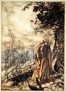 Brunnhilde stands for a long time, dazed and alarmed 1910. Creator: Arthur Rackham