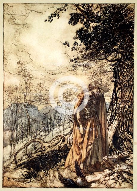 'Brunnhilde stands for a long time, dazed and alarmed', 1910.  Creator: Arthur Rackham.