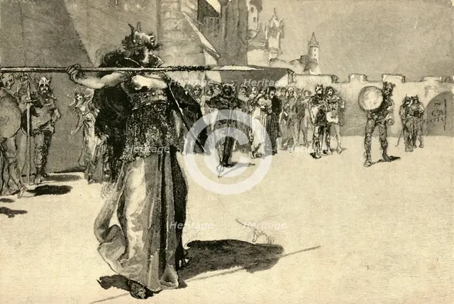 'Brunhild, The Warrior-Queen, Hurls Her Spear at Gunther's Shield', 1882. Creator: Unknown.