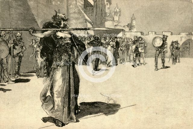'Brunhild, The Warrior-Queen, Hurls Her Spear at Gunther's Shield', 1882. Creator: Unknown.