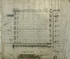 Brunswick Balke Collender Company Factory Building, Chicago, Illinois, Elevation and Section, 1891. Creator: Adler & Sullivan