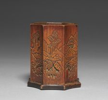 Brush Holder with Bamboo and Landscape Design, 1800s. Creator: Unknown