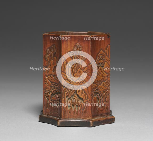 Brush Holder with Bamboo and Landscape Design, 1800s. Creator: Unknown.