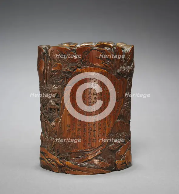 Brush Holder with Figures in Landscape and Poetic Inscription, 1700s. Creator: Unknown.