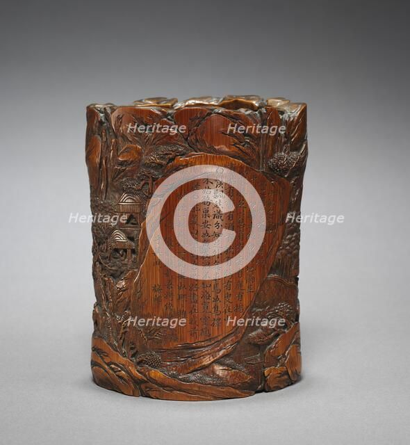 Brush Holder with Figures in Landscape and Poetic Inscription, 1700s. Creator: Unknown.