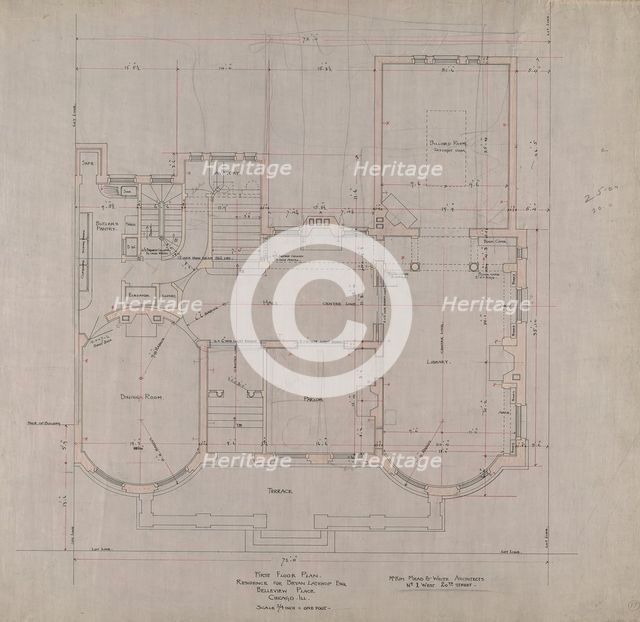 Bryan Lathrop House, Chicago, Illinois, First Floor Plan, c. 1892. Creator: McKim, Mead and White.