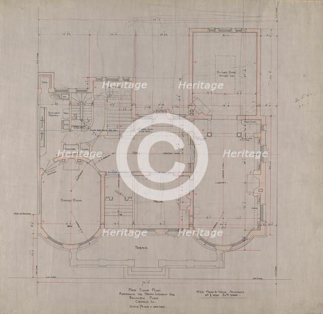 Bryan Lathrop House, Chicago, Illinois, First Floor Plan, c. 1892. Creator: McKim, Mead and White.