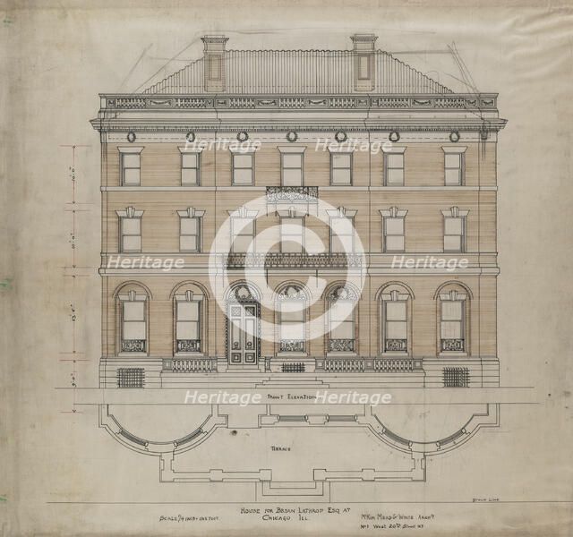 Bryan Lathrop House, Chicago, Illinois, Front Elevation and Terrace Plan, 1892. Creator: McKim, Mead and White.