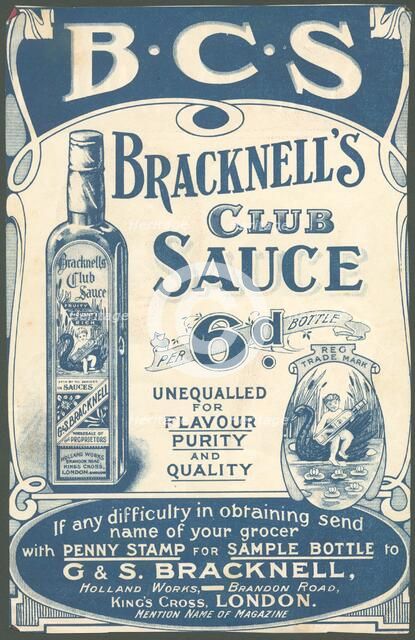 Bracknell's Club Sauce, 1890s. Artist: Unknown