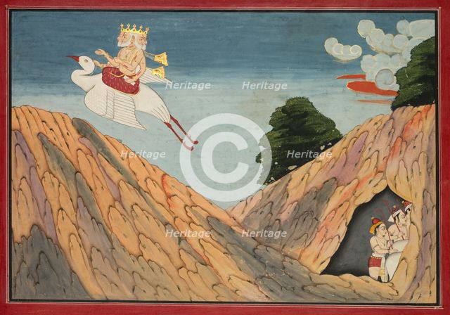 Brahma Hides the Cowherds and the Calves in the Cave, page from a Bhagavata Purana, c. 1760-1765. Creator: Unknown.