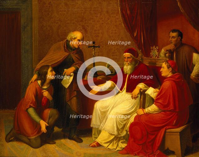 Bramante Presents Raphael to Pope Julius II, ca 1836. Creator: Riepenhausen, Johann Christian (1787-1860).
