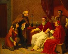 Bramante Presents Raphael to Pope Julius II, ca 1836. Creator: Riepenhausen, Johann Christian (1787-1860)