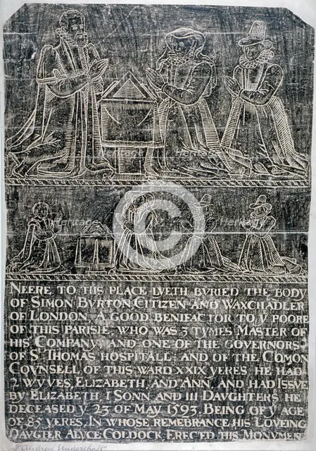 Brass rubbing from the Church of St Andrew Undershaft, Leadenhall Street, London, c1820. Artist: Anon
