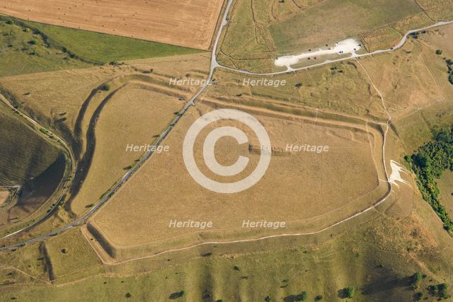Bratton Castle, a bivallate Iron Age hillfort earthwork, a Neolithic..., Westbury, Wiltshire, 2022. Creator: Damian Grady.
