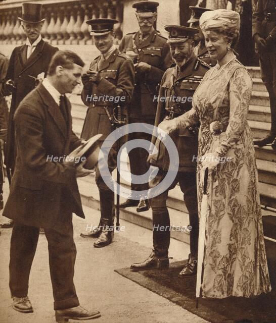 Bravery in 'civvies': laughs with the King and Queen, 1920s or 1930s (1935). Artist: Unknown.