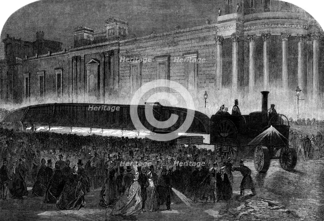 Bray's traction-engine drawing a girder...through the streets of London by night..., 1862. Creator: Unknown.