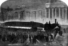 Bray's traction-engine drawing a girder...through the streets of London by night..., 1862. Creator: Unknown