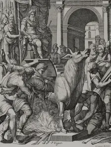 Brazen bull or bull of Falaris, 6th century BC, (16th century). Creator: Pierre Woeiriot