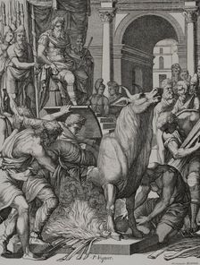 Brazen bull or bull of Falaris, 6th century BC, (16th century). Creator: Pierre Woeiriot