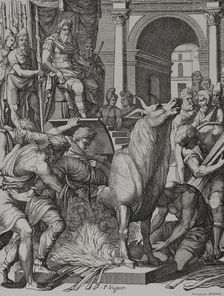 Brazen bull or bull of Falaris, 6th century BC, (16th century). Creator: Pierre Woeiriot