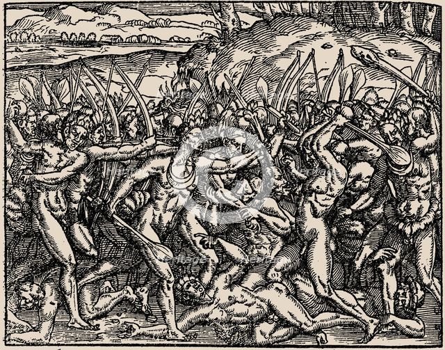 Brazil. As savages make war against each other... From Cosmografia universal by André Thevet, 1558. Creator: Bry, Theodor de (1528-1598).