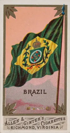 Brazil, from Flags of All Nations, Series 1 (N9) for Allen & Ginter Cigarettes Brands, 1887. Creator: Allen & Ginter