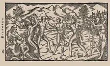 Brazilian Indian warriors taking a prisoner. From "Histoire d'un voyage fait en la terre du Brésil" Creator: Bry, Theodor de (1528-1598)