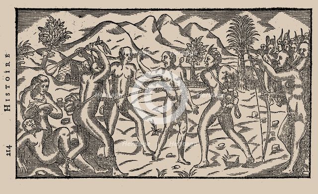 Brazilian Indian warriors taking a prisoner. From "Histoire d'un voyage fait en la terre du Brésil"  Creator: Bry, Theodor de (1528-1598).