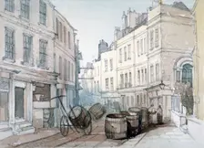 Bread Street Hill and St Nicholas Olave Churchyard, City of London, c1850. Artist: Thomas Colman Dibdin