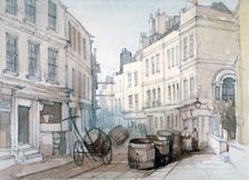 Bread Street Hill and St Nicholas Olave Churchyard, City of London, c1850. Artist: Thomas Colman Dibdin
